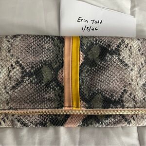Clare V foldover Elegant Snake Print Clutch with Yellow and Pink Accents